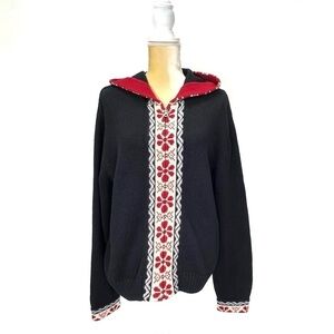Woolrich Sweater Womens Size XL Ramie & Cotton Hooded Zip Front Black Red Blue